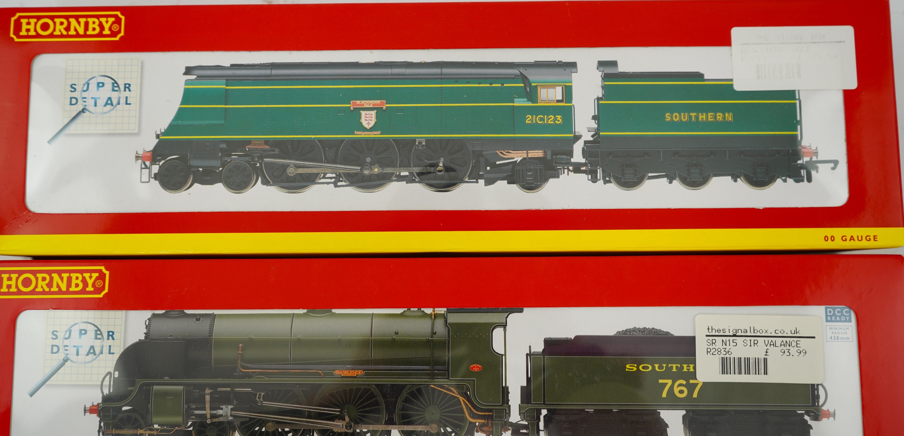 Two boxed Hornby Hobbies 00 gauge railway Southern Railway tender locomotives; a West Country Class, Blackmoor Vale 21C123, (R2219), together with a Class N15, Sir Valence 767, (R2836)
